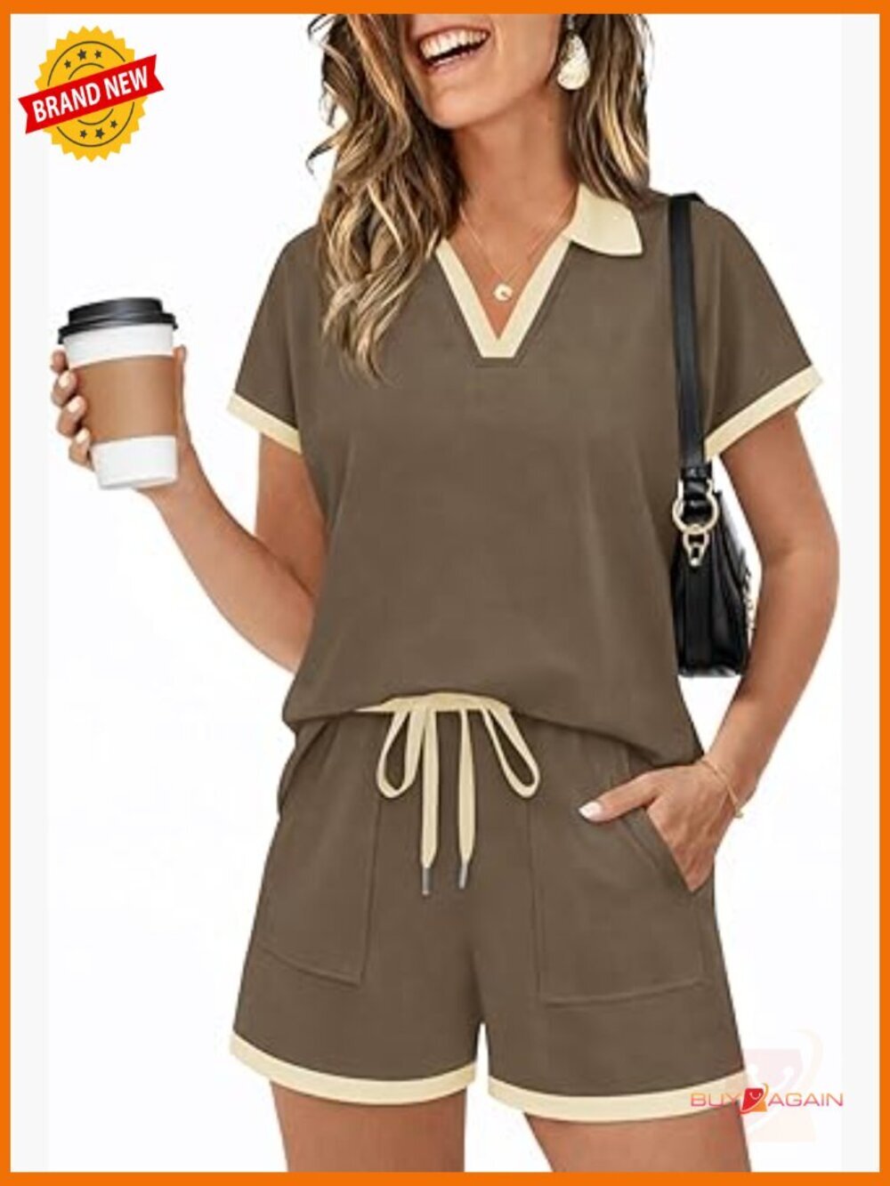 Womens Two Piece Lounge Set V Neck Polo Top Drawstring Shorts Matching Vacation